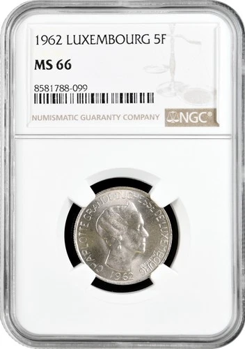 Luxembourg 5 francs 1962, NGC MS66, "Duchess Charlotte (1918-1964)" Top Pop 1/0