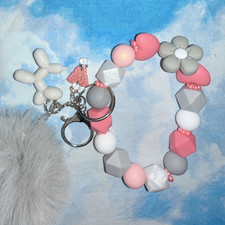 Pink/Gray/White Beaded Wristlet Key Chain/Bag Charm w/Pom Pom Clip