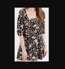 American Eagle Floral Babydoll Mini Dress Black Peach Tassel Tie Size Large