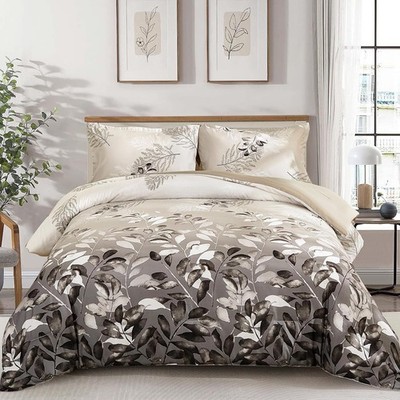 King Size Beige Brown Botanical Leaf Comforter Set 3 Piece King Bedding