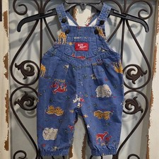 Vintage Baby B'gosh OshKosh Zoo Animal Safari Print Overalls USA Blue 3/6M