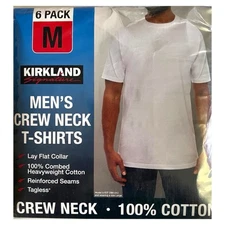 KIRKLAND SIGNATURE 6-PACK MEN'S CREW NECK T-SHIRTS 100% COTTON WHITE SZ MEDIUM