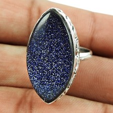 Solid Sterling Silver Blue Sunstone Gemstone Wedding Statement Bezel Ring US 6.5