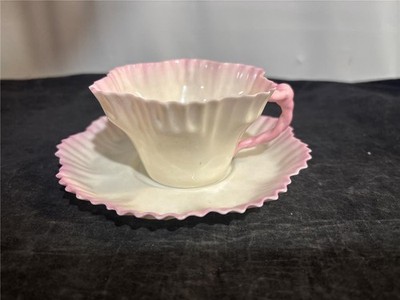 RARE Belleek Hexagon Cup & Saucer Pink Ruffled Edge & Handle 2nd Black Mark