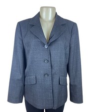 Kasper Petite Womens Grey Windowpane Blazer Jacket Button Front Size 14P