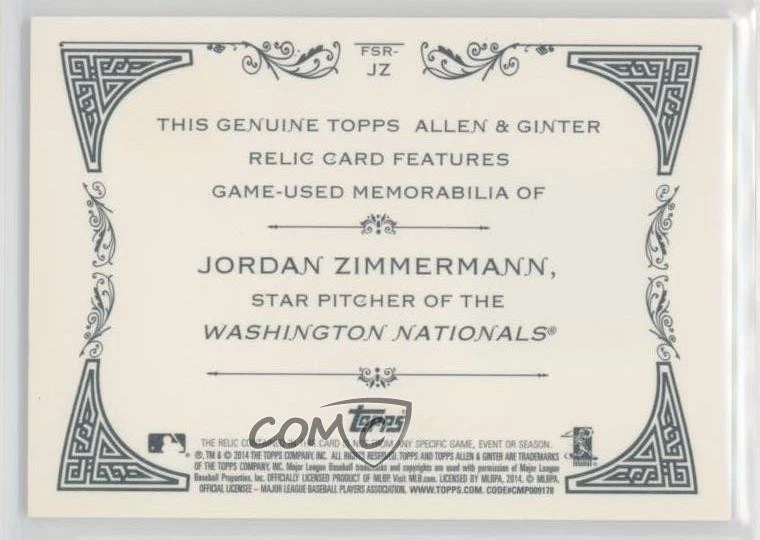 2014 Topps Allen & Ginter's Full Size Relics Jordan Zimmerman #FSR-JZ - Image 2 of 2