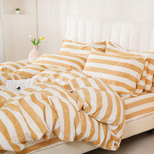 Organic Linen Duvet Cover Set 3Pcs, Yellow Stripe Farmhouse Bedding, Queen
