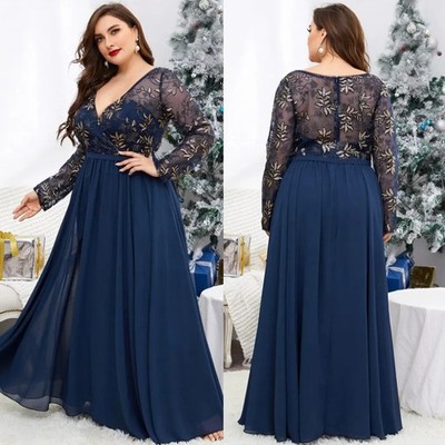 Plus Size Navy Blue Mother of The Bride Dresses V Neck Long Sleeve Evening Gowns
