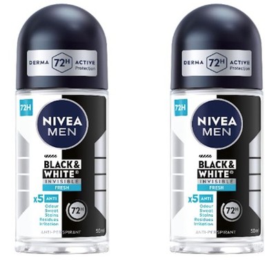 2 Pack Nivea Men Black and White 72H Invisible Fresh Roll-on
