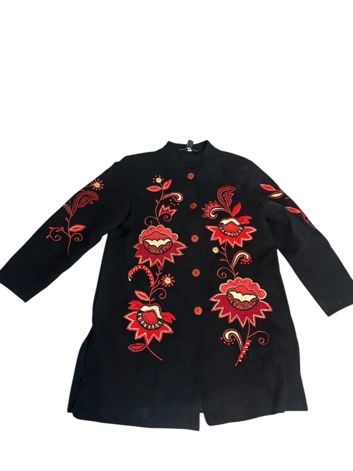 Chaqueta Negra Algodón Boho Roja Bordada Floral Artística Folclórica Longitud Media L Foto 2 de 4