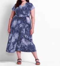 Lane Bryant Faux Wrap Midi Dress Blue Tie Dye Short Sleeve Plus Size 18 / 20 NWT