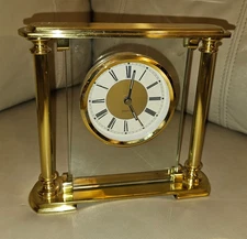 Vintage Heavy Brass and Glass Desk Mantle Clock 7" x 6"