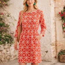 Boden Orange White Geometric Floral Tile Print Elastic Waist Pocket Dress US 2