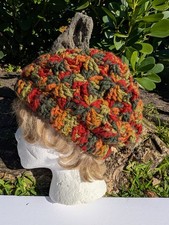 Hand Crocheted Slouchy Beanie Hat Earth Tone Variegated Yarn Boho Fall Winter