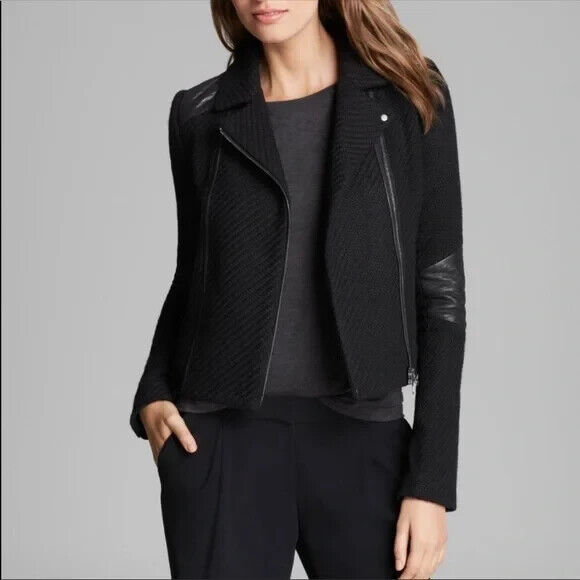 Vince Black Leather Trim Wool Tweed Biker Moto Asymmetrical Vince Black Leather Trim Wool Tweed Biker Moto Asymmetrical