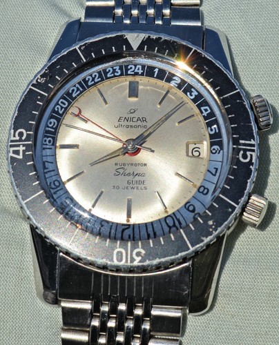 Enicar Ultrasonic Sherpa Guide Rubyrotor Large Diameter Sub Diver 2 Crowns 1961