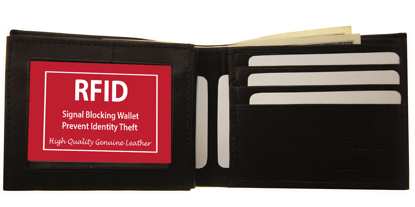 Black RFID Blocking Mens Bifold Card ID Leather Wallet Center Flap Holder