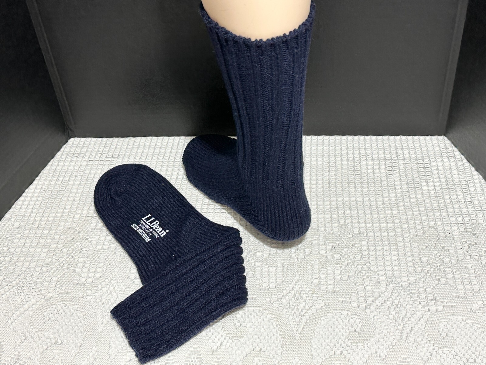 LL BEAN MERINO WOOL STRETCH RAGG CREW SOCKS * NAVY * MEDIUM MEN 59