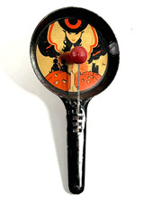 vtg Halloween Noisemaker tin litho deco witch wood ball clapper pumpkin