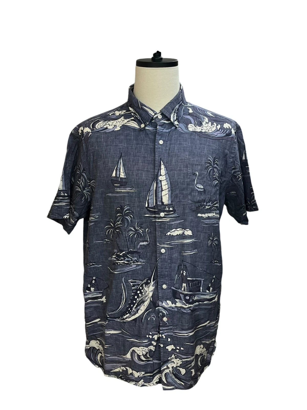 Cremiex Hawaiian Shirt Mens XL Blue Dover Beach Flamingo Print Short Sleeve