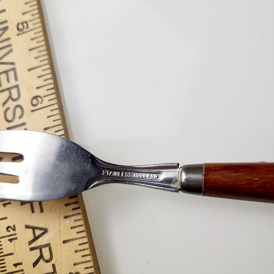 Vtg Teak Wood Handles MCM Dutch Holland Stainless Pastry Fork Salad Forks Set 5 - Image 4 of 4