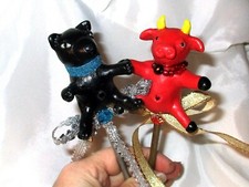 BULL AND BEAR DECORATIVE STICKS Handmade Decor Polymer Clay sculpture red black