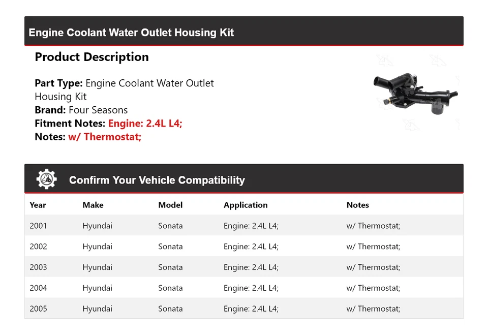 For 2001-2005 Hyundai Sonata Engine Coolant Water Outlet Housing Kit 4 Seasons - Image 2 of 4