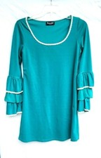 Basically Me Dress Tunic Size Med Short Green Blue Ruffle Sleeve Lined Lace