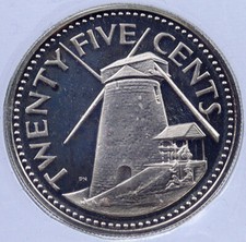 Moneda de 25 centavos Barbados 1973 Reino Unido molino de viento industria antigua vintage prueba i118853