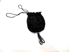 Black satin beaded evening bag, tassel, c. 1960s