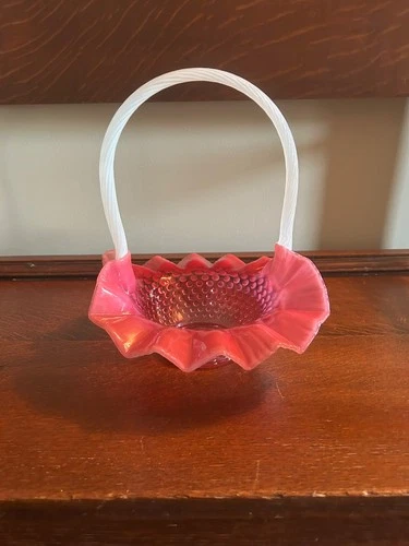 FENTON CRANBERRY OPALESCENT HOBNAIL BASKET