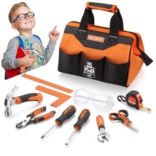 10-Piece Kids Tool Set with Real Hand Tools, Orange Durable Storage Bag, Chil...