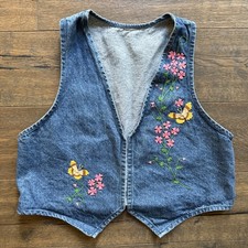 VTG 90s Embroidered Denim Vest XL Flowers Butterflies Spring Cottagecore Prairie