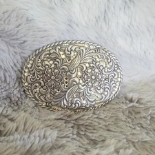 Vintage 80's Western Floral Scroll Belt Buckle Rhinestone Cowgirl Sparkle