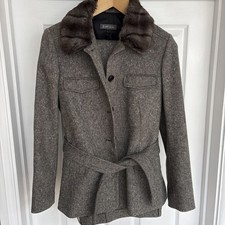 Bruno Saint Hilaire Grey Tweed Trouser Suit Faux Fur Collar Wool UK 14 FR 42