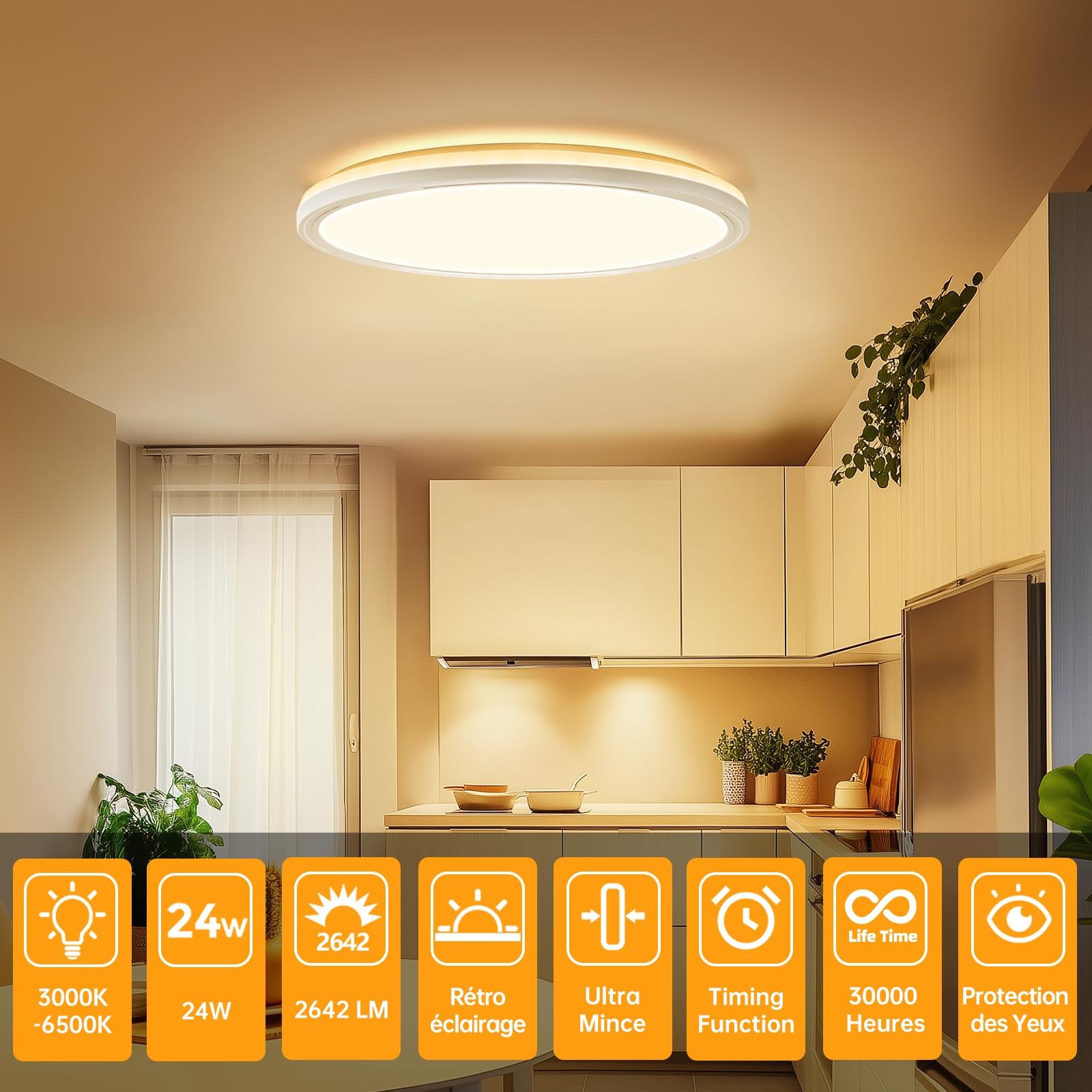 Plafonnier LED 24W télécommandable à intensité variable et rétro-éclairage design