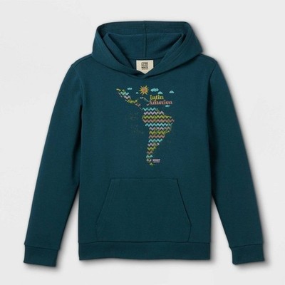 Latin America Map Graphic Hoodie Youth XL By Mamut Teal Cotton Blend