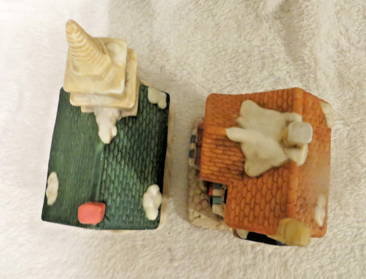 Set of 2 1993 Ceramic Christmas Village Buildings Church Grocery