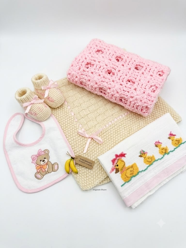 Lotto corredino culla per neonata fatto a mano composta da 6 pezzi lana/cotone