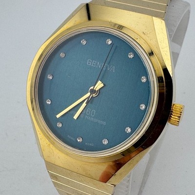 VTG Geneva Watch Men Gold Tone Hand-Wind Mechanical Silver Stretch~Run Very Fast
