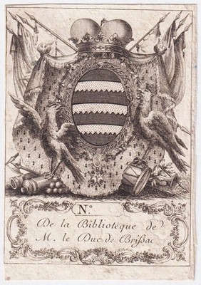 Exlibris Cossé-Brissac Anjou Militaire Blason Bookplate Gravure 18E