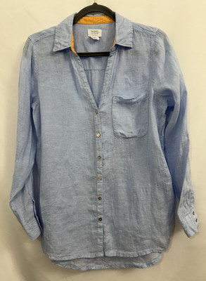 Sigrid Olsen 100% Linen Light Blue Button Down Tunic Shirt Womens S Roll Tab