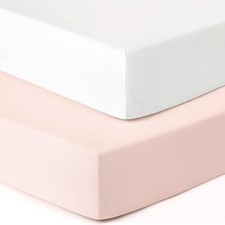 Soft Crib Sheets Set for Girls, 2 Pack Stretchy Fitted Mattress Pads, White/Pink
