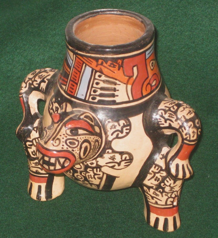 COLORFUL VINTAGE PRECOLUMBIAN AZTEC/MAYAN STYLE TRIPOD BOWL