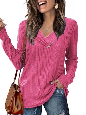 Ladies Lightweight Knitted Jumper Long Sleeve Soft Sweatshirt Round Buttons Elegant Tu...