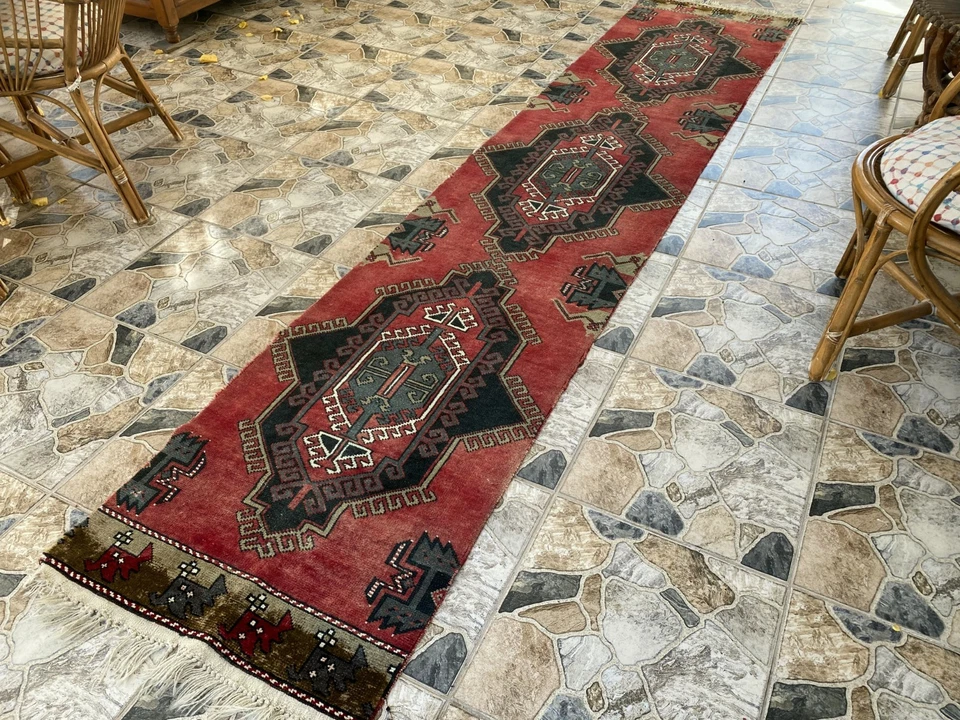 1970s Geometric Turkish Vintage Runner, Tribal Handmade Anatolian Rug 2.3 × 11.5 - Image 2 of 4