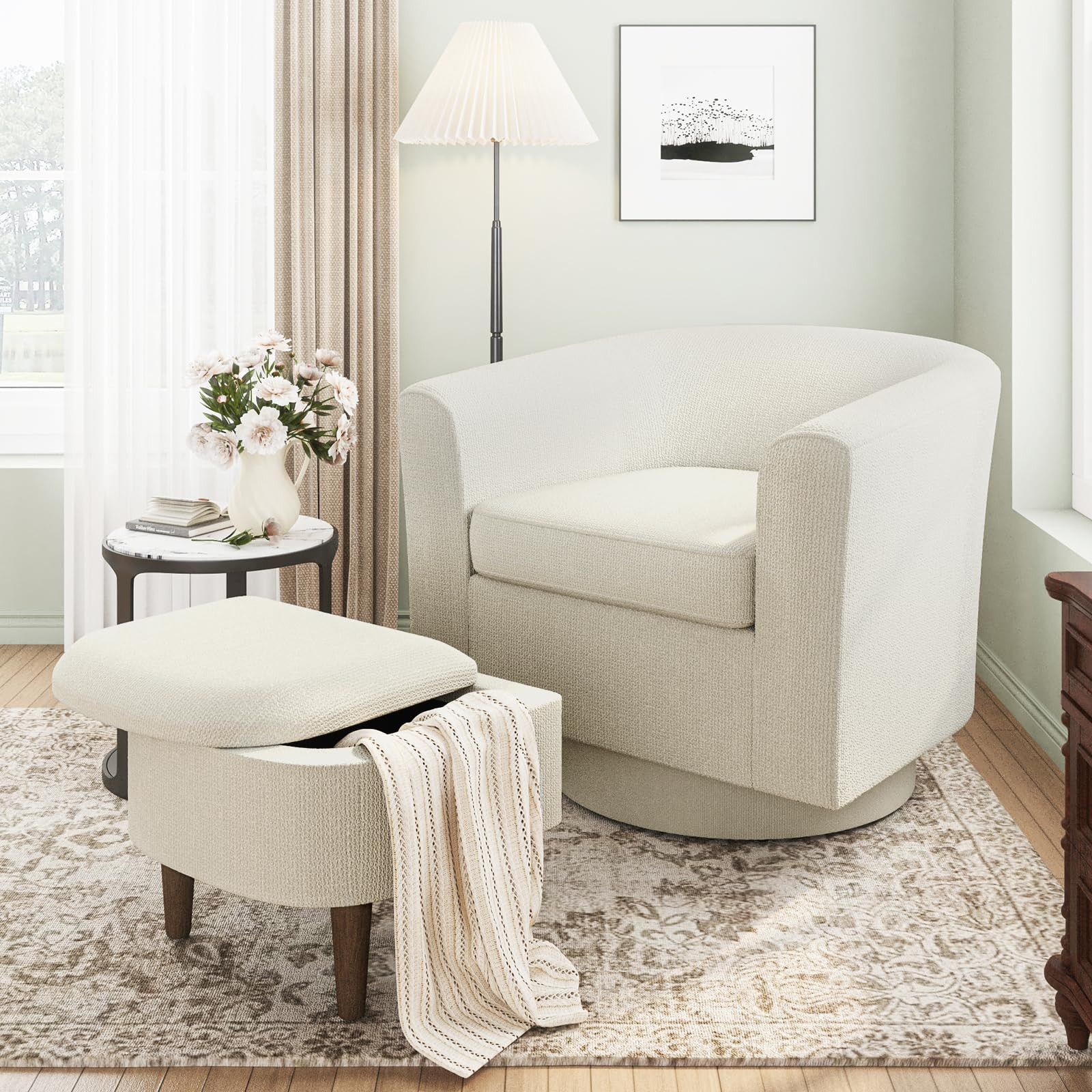 Modern Upholstered Swivel Barrel Accent Chair with Ottoman for Living Room