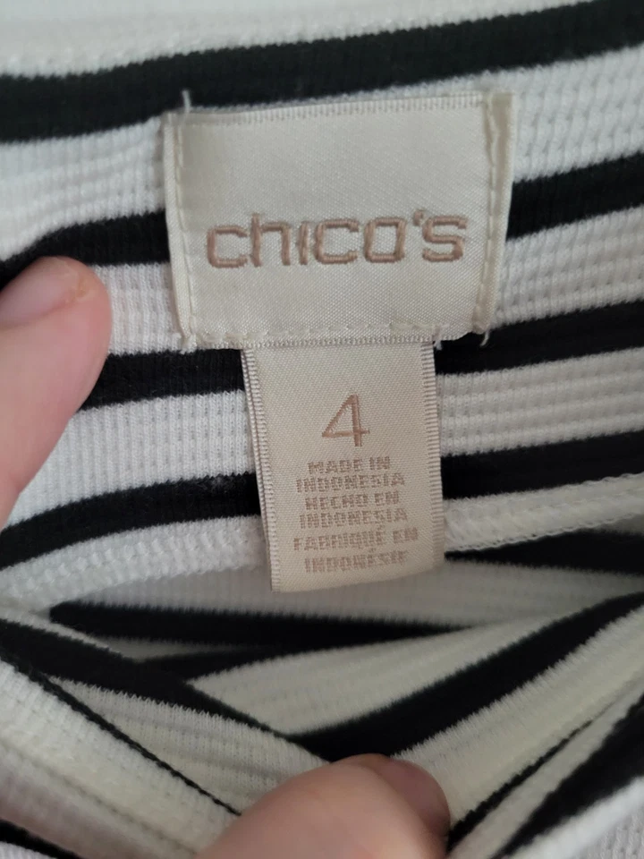 Chico’s Women’s Size 4 (XL 16) Black White Striped Boatneck 3/4 Sleeve Top - Image 3 of 4