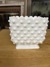 Vintage Hobnail Milk Glass Square Footed Planter Vase Scalloped Edge