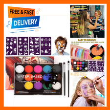 Face Painting Kit for Kids, 15 Color Water Based Makeup Paints, Stencils, 2